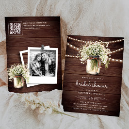 Baby's Breath Mason Pot Houten QR Code Bruidsfeest Kaart