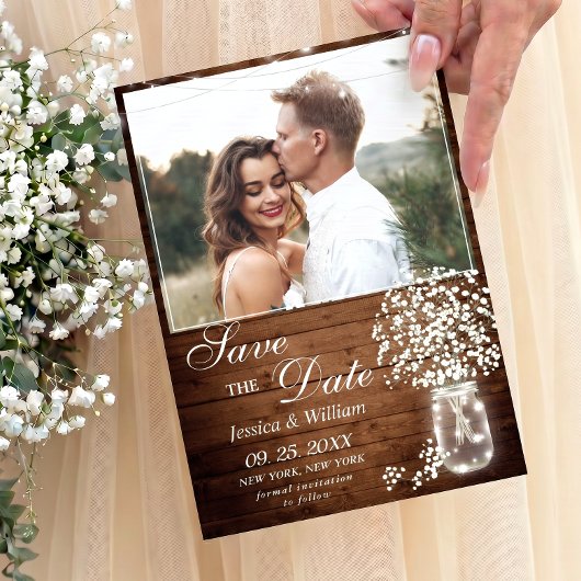 Baby's Breath Mason Pot Rustieke Foto Bruiloft Save The Date