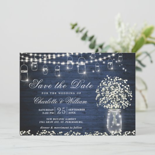 Baby's Breath Metselpot Rustiek Blauw Houten Bruil Kaart (Staand voorkant)