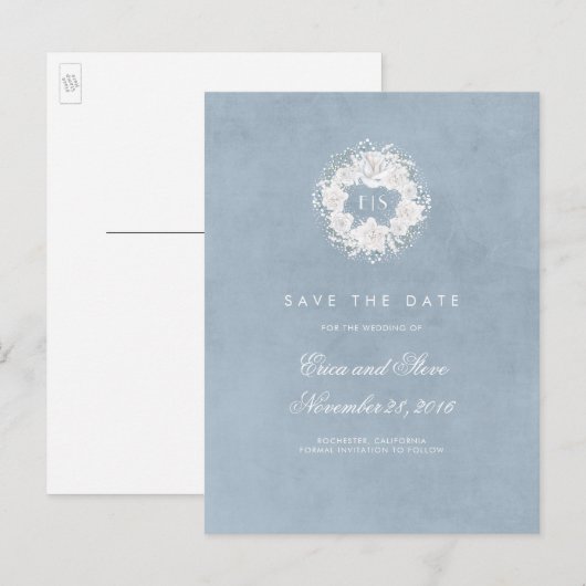 Baby's Breath Monogram Dusty Blue Save the Date Aankondigingskaart (Voorkant / Achterkant)
