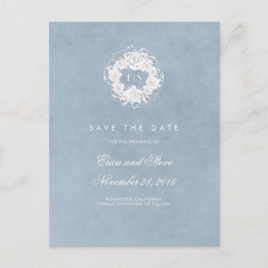 Baby's Breath Monogram Dusty Blue Save the Date Aankondigingskaart (Voorkant)