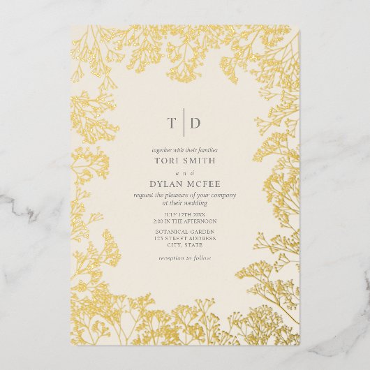 Baby's Breath-monogram initiaal Folie Uitnodiging (Voorkant)