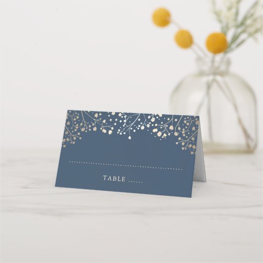 Baby's Breath Navy Blauw en Goud Huwelijk Plaatskaartje (Voorkant)