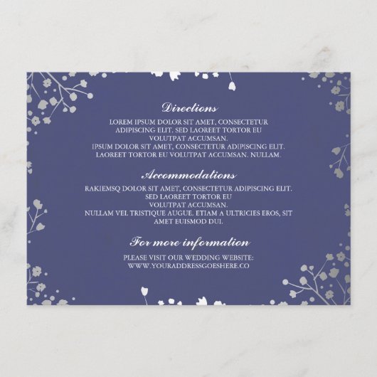 Baby's Breath Navy Zilver Bruiloft Details Informatiekaartje (Voorkant)