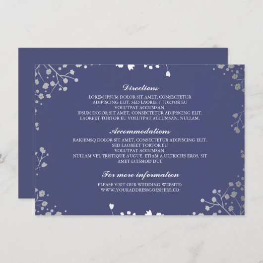 Baby's Breath Navy Zilver Bruiloft Details Informatiekaartje (Voorkant / Achterkant)