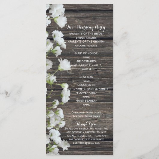 Baby's Breath on Rustic Wood Country-programma Programmakaart (Achterkant)