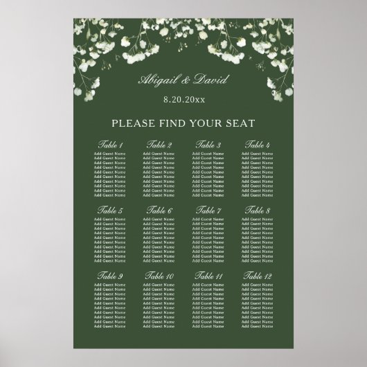Baby's Breath on Sage Green Wedding Seating Chart Poster (Voorkant)
