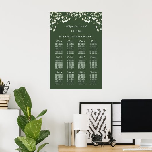 Baby's Breath on Sage Green Wedding Seating Chart Poster (Thuiskantoor)