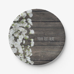 Baby's Breath op Rustiek Houten Landelijke Bruilof Papieren Bordje