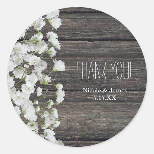 Baby's Breath op Rustieke Wood Country Bruiloft Ronde Sticker (Voorkant)