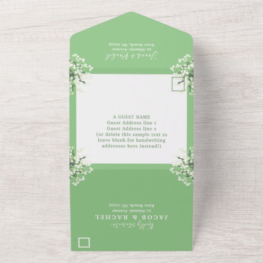 Baby's Breath op Sage Groene Bloemen Lente Bruilof All In One Uitnodiging (Buitenkant)