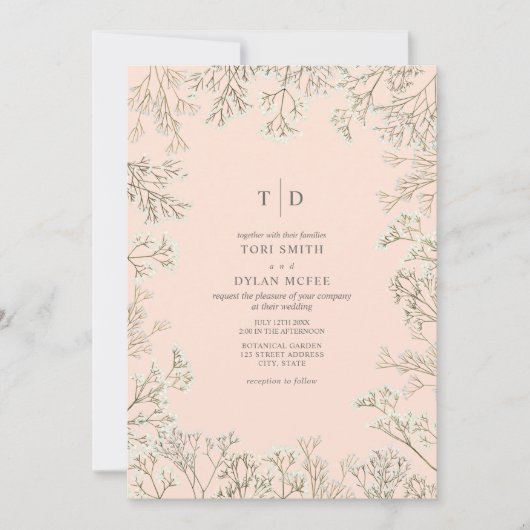 Baby's Breath Perzik Monogram Bruiloft Kaart (Voorkant)