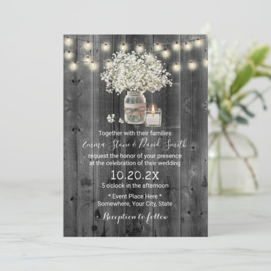 Baby's Breath Pot & Kaars Rustieke Schuur Bruiloft Kaart (Staand voorkant)