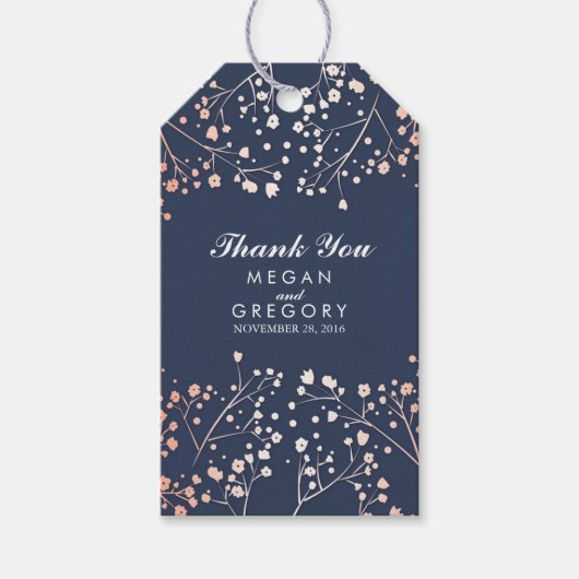 Baby's Breath Roos Gold en Navy Bruiloft Cadeaulabel (Voorkant)