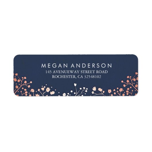Baby's Breath Roos Gold en Navy Bruiloft Etiket (Voorkant)
