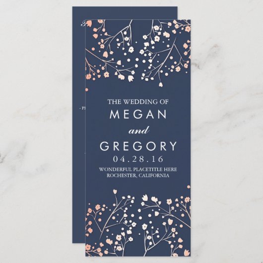 Baby's Breath Roos Gold en Navy huwelijksprogramma Programmakaart (Voorkant / Achterkant)
