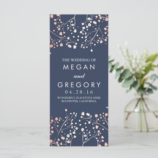Baby's Breath Roos Gold en Navy huwelijksprogramma Programmakaart (Staand voorkant)