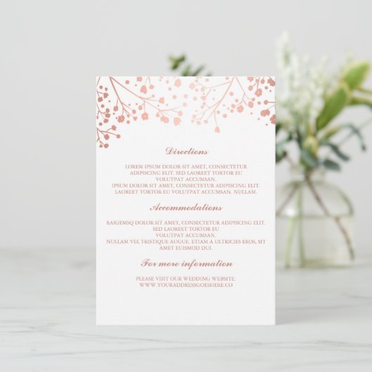Baby's Breath Roos Goud en Wit Bruiloft Details Informatiekaartje (Staand voorkant)