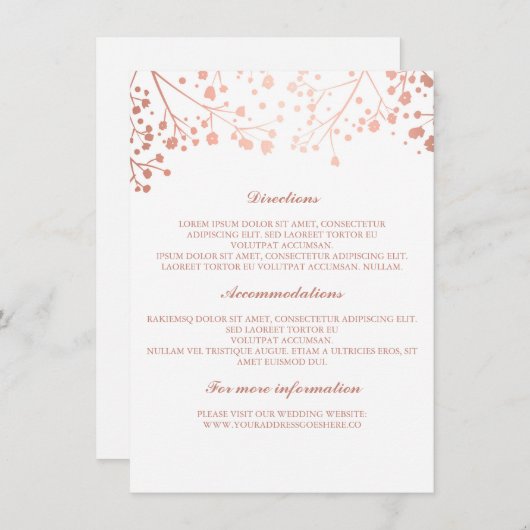 Baby's Breath Roos Goud en Wit Bruiloft Details Informatiekaartje (Voorkant / Achterkant)