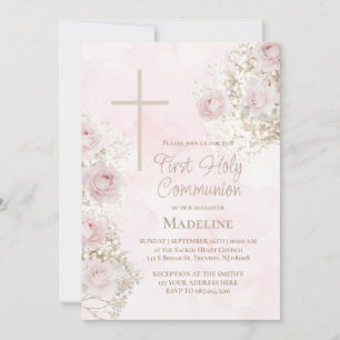 Baby's Breath roze rozen Eerste Heilige Communie Kaart