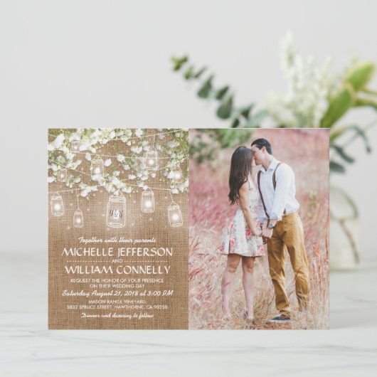 Baby's Breath Rustic Burlap Photo Wedding Kaart (Staand voorkant)