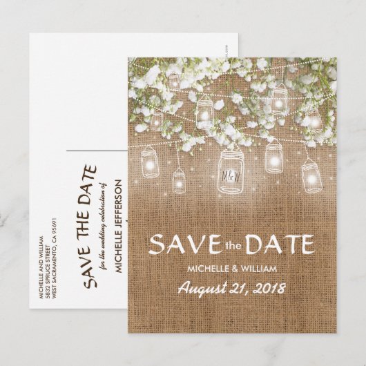 Baby's Breath Rustic Burlap Save the Date Aankondigingskaart (Voorkant / Achterkant)