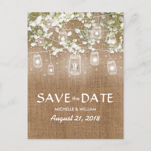 Baby's Breath Rustic Burlap Save the Date Aankondigingskaart (Voorkant)