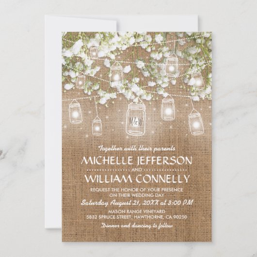 Baby's Breath Rustic Burlap Wedding Kaart (Voorkant)