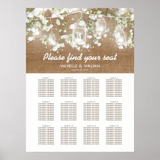 Baby's Breath Rustic Burlap Wedding Seating Chart Poster (Voorkant)