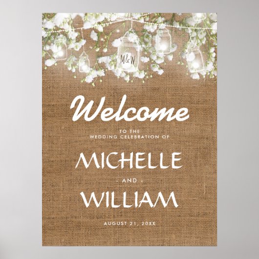 Baby's Breath Rustic Burlap Wedding Welkom Poster (Voorkant)