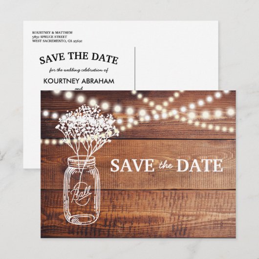 Baby's Breath Rustic Mason Jar Save the Date Aankondigingskaart (Voorkant / Achterkant)