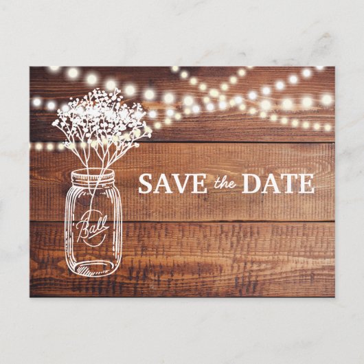 Baby's Breath Rustic Mason Jar Save the Date Aankondigingskaart (Voorkant)