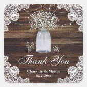 Baby's Breath Rustic Wood Lace Mason Jar Bedankt Vierkante Sticker (Voorkant)