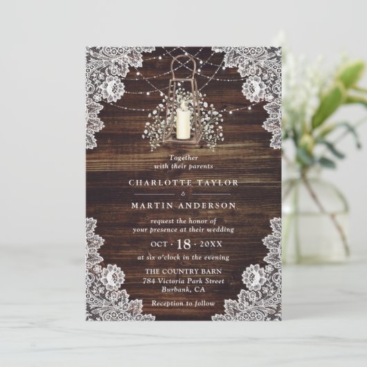 Baby's Breath Rustic Wood Lights Lantaarn Wedding Kaart (Staand voorkant)