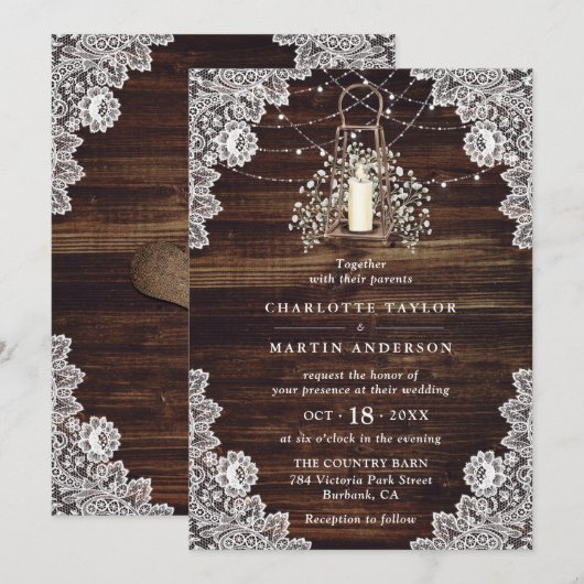 Baby's Breath Rustic Wood Lights Lantaarn Wedding Kaart (Voorkant / Achterkant)