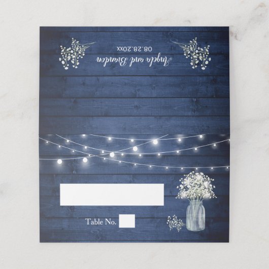 Baby's Breath Rustic Wood Navy Blue Lights Wedding Plaatskaartje (Buitenkant ongevouwen)