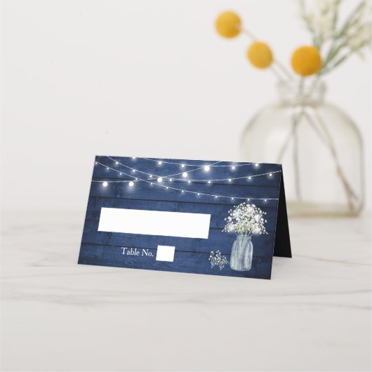 Baby's Breath Rustic Wood Navy Blue Lights Wedding Plaatskaartje (Voorkant)
