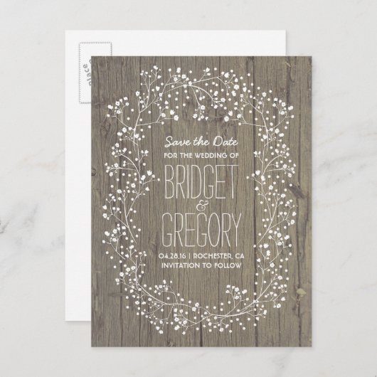 Baby's Breath Rustic Wood Save the Date Aankondigingskaart (Voorkant / Achterkant)