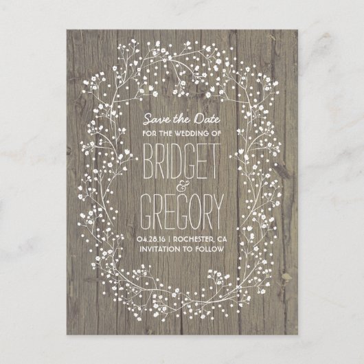 Baby's Breath Rustic Wood Save the Date Aankondigingskaart (Voorkant)