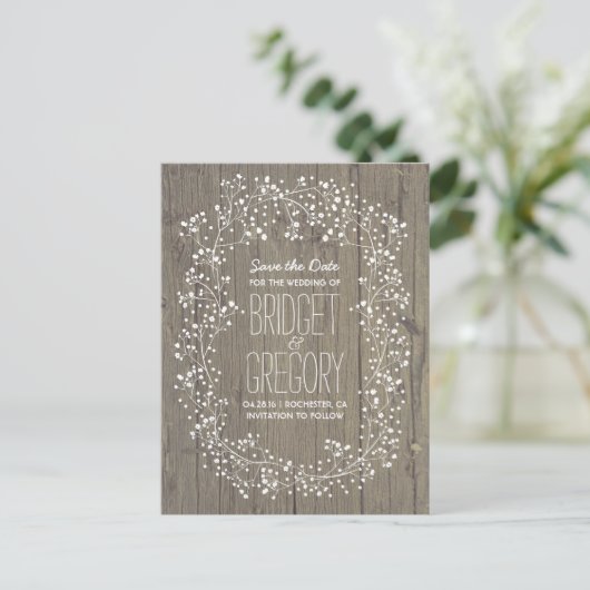 Baby's Breath Rustic Wood Save the Date Aankondigingskaart (Staand voorkant)