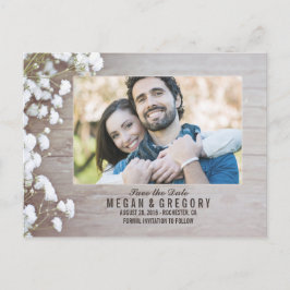Baby's Breath rustiek hout foto Save the Date Aankondigingskaart