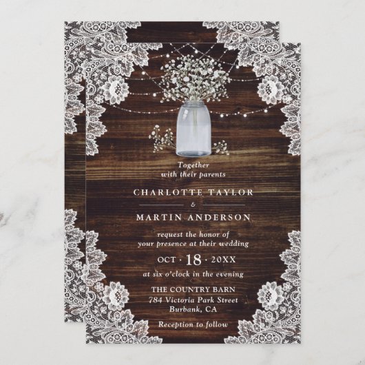 Baby's Breath Rustiek Hout Mason Jar Bruiloft Kaart (Voorkant / Achterkant)