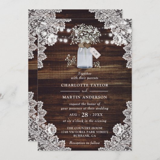 Baby's Breath Rustiek Hout Mason Jar Bruiloft Kaart (Voorkant / Achterkant)