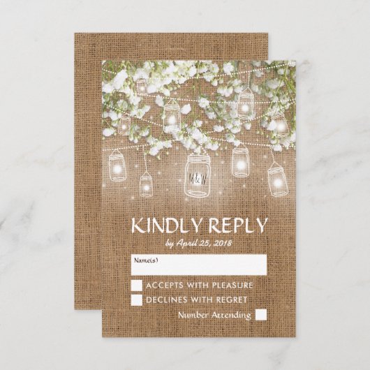 Baby's Breath Rustieke Burlap Bruiloft RSVP (Voorkant / Achterkant)