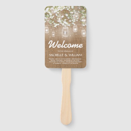 Baby's Breath Rustieke Burlap Trouwprogramma Handwaaier (Voorkant)