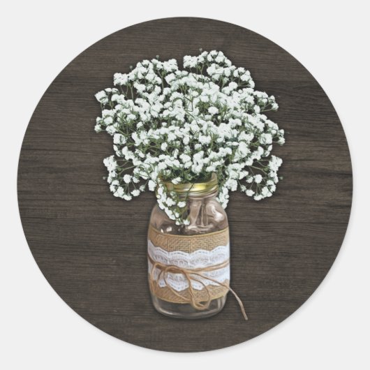 Baby's Breath Rustieke Mason Jar Wood Bruiloft gun Ronde Sticker (Voorkant)