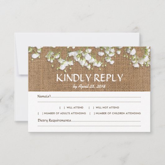Baby's Breath Rustieke Trouwdag RSVP Menu Keuze (Voorkant)