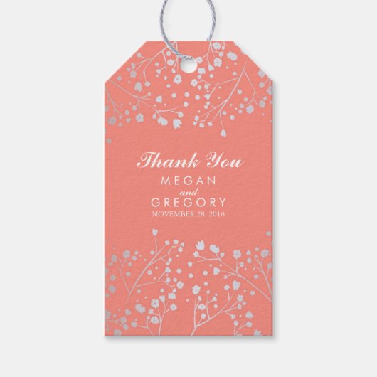 Baby's Breath Silver en Coral Folie Bruiloft Cadeaulabel (Voorkant)