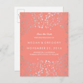 Baby's Breath Silver en Coral sparen de datum Aankondigingskaart (Voorkant / Achterkant)