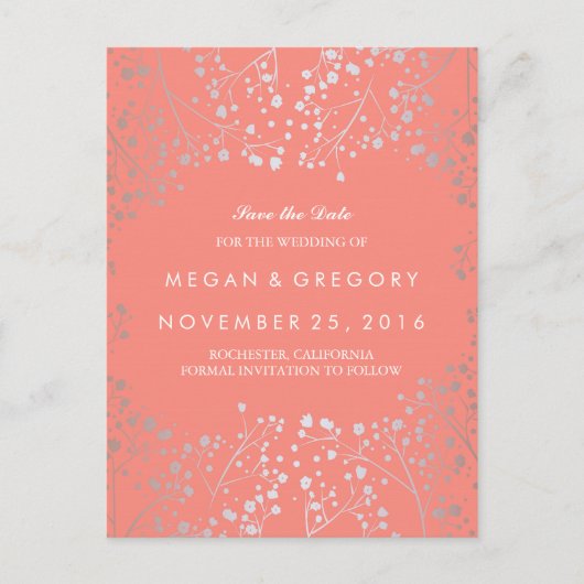 Baby's Breath Silver en Coral sparen de datum Aankondigingskaart (Voorkant)